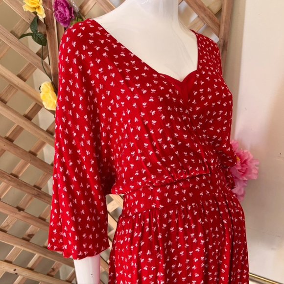 Stella Dress 12AU Red White Wrap Tie Waist leaves patterns V-Neck 3/4 Sleeves - Picture 3 of 10